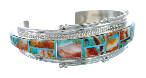 Multicolor Inlay Genuine Sterling Silver Navajo Cuff Bracelet JX130621