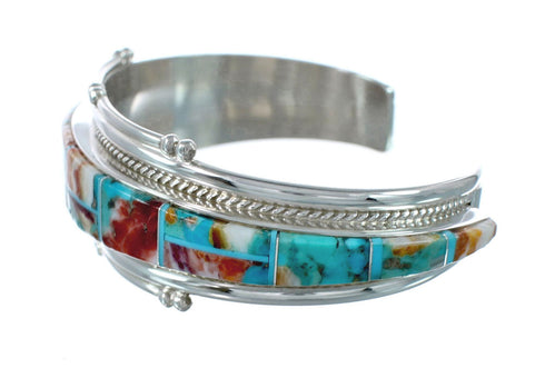 Multicolor Inlay Genuine Sterling Silver Navajo Cuff Bracelet JX130621