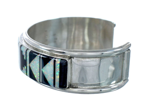 Opal And Jet Inlay Genuine Sterling Silver Zuni Cuff Bracelet JX130611