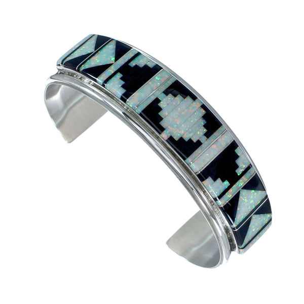 Opal And Jet Inlay Genuine Sterling Silver Zuni Cuff Bracelet JX130612