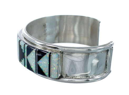 Opal And Jet Inlay Genuine Sterling Silver Zuni Cuff Bracelet JX130612