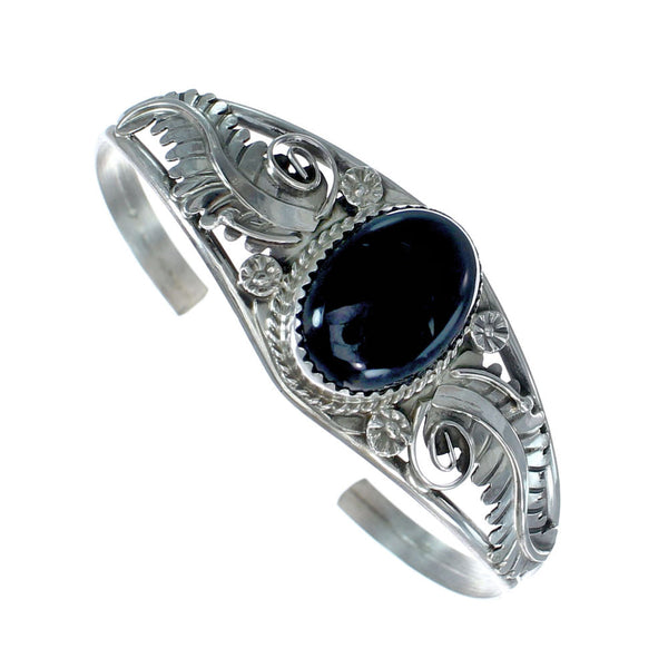 Sterling Silver Onyx Native American Leaf Cuff Bracelet JX130605