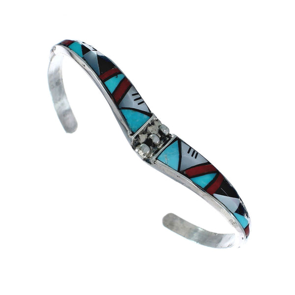 Multicolor Inlay Genuine Sterling Silver Zuni Cuff Bracelet JX130616