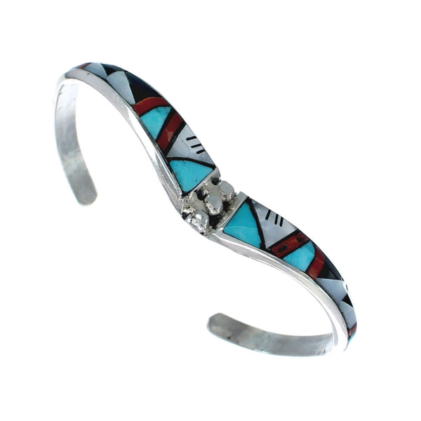 Multicolor Inlay Genuine Sterling Silver Zuni Cuff Bracelet JX130618