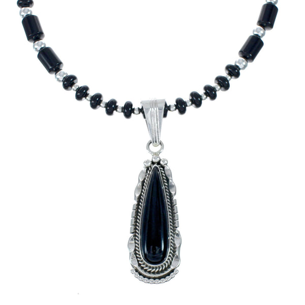 Navajo Onyx Sterling Silver Bead Necklace And Pendant Set JX130636