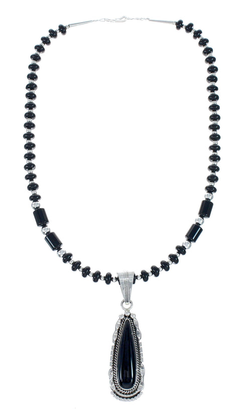 Navajo Onyx Sterling Silver Bead Necklace And Pendant Set JX130636