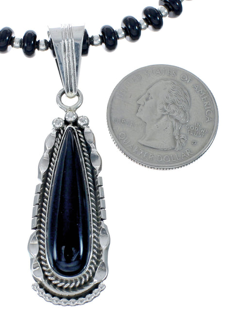 Navajo Onyx Sterling Silver Bead Necklace And Pendant Set JX130636