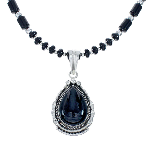 Navajo Onyx Sterling Silver Bead Necklace And Pendant Set JX130637