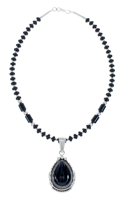 Navajo Onyx Sterling Silver Bead Necklace And Pendant Set JX130637