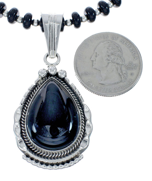 Navajo Onyx Sterling Silver Bead Necklace And Pendant Set JX130637