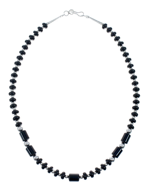 Navajo Onyx Sterling Silver Bead Necklace And Pendant Set JX130637