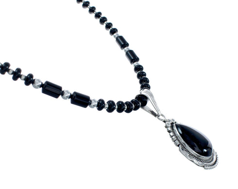 Navajo Onyx Sterling Silver Bead Necklace And Pendant Set JX130637