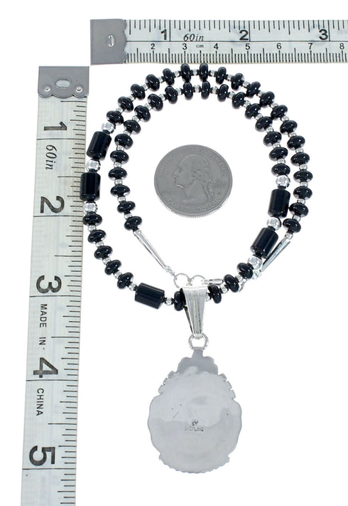 Navajo Onyx Sterling Silver Bead Necklace And Pendant Set JX130637