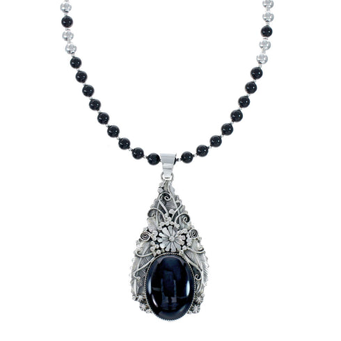 Native American Onyx And Sterling Silver Pendant Bead Necklace JX130638