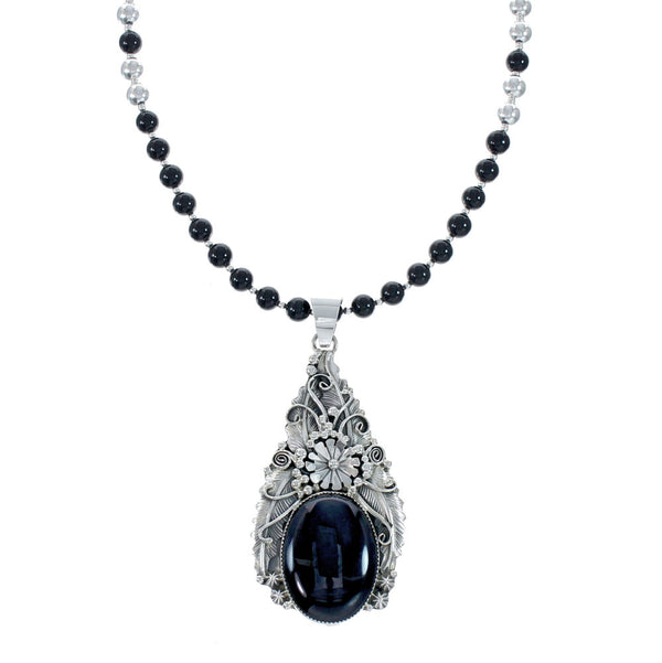 Native American Onyx And Sterling Silver Pendant Bead Necklace JX130638