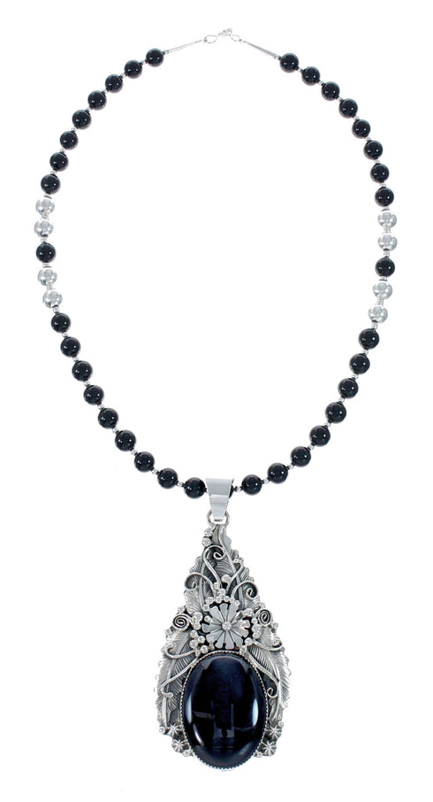 Native American Onyx And Sterling Silver Pendant Bead Necklace JX130638