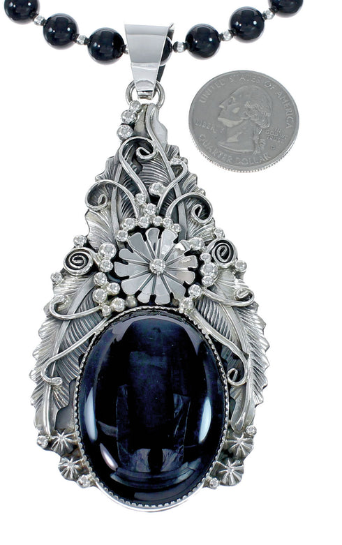 Native American Onyx And Sterling Silver Pendant Bead Necklace JX130638