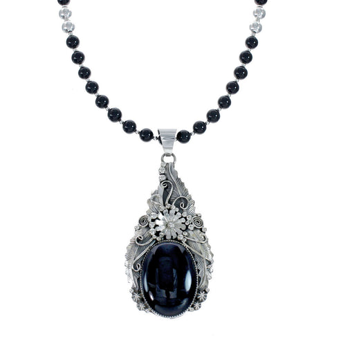 Native American Onyx And Sterling Silver Pendant Bead Necklace JX130639
