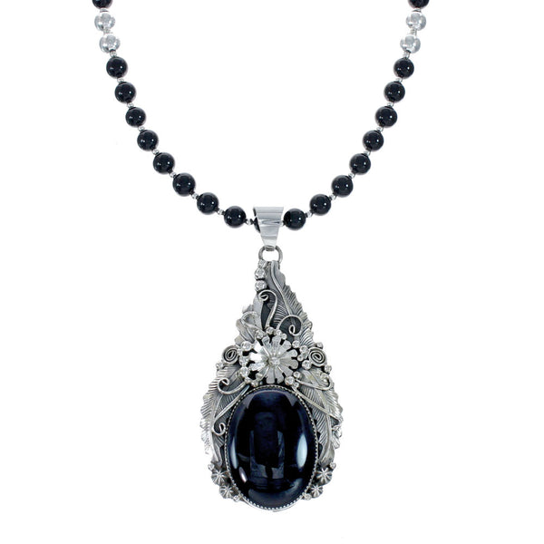 Native American Onyx And Sterling Silver Pendant Bead Necklace JX130639