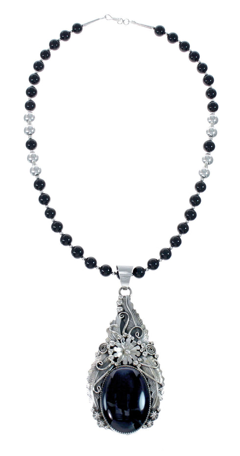 Native American Onyx And Sterling Silver Pendant Bead Necklace JX130639
