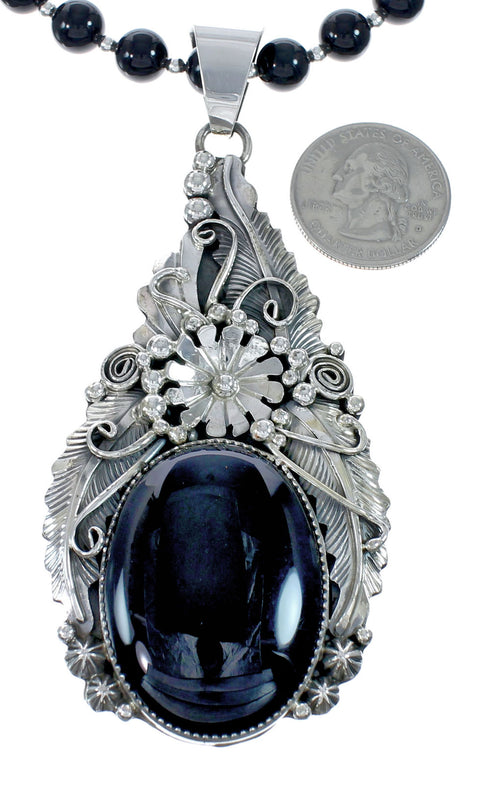 Native American Onyx And Sterling Silver Pendant Bead Necklace JX130639