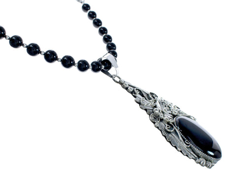 Native American Onyx And Sterling Silver Pendant Bead Necklace JX130639