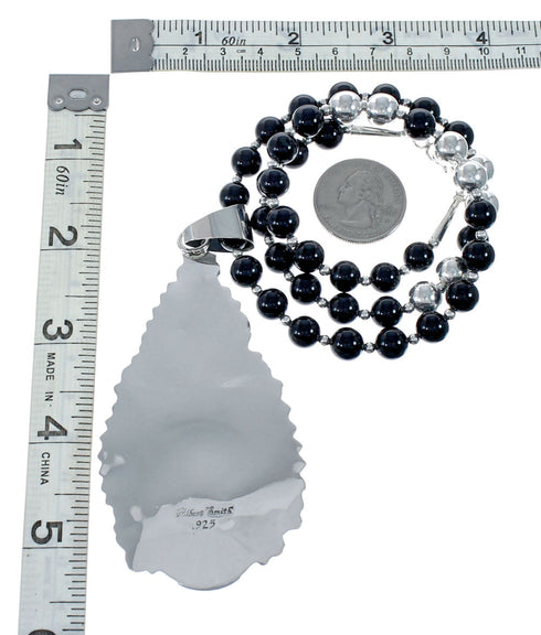 Native American Onyx And Sterling Silver Pendant Bead Necklace JX130639