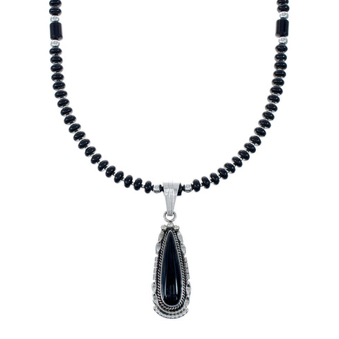 Navajo Onyx Sterling Silver Bead Necklace And Pendant Set JX130634