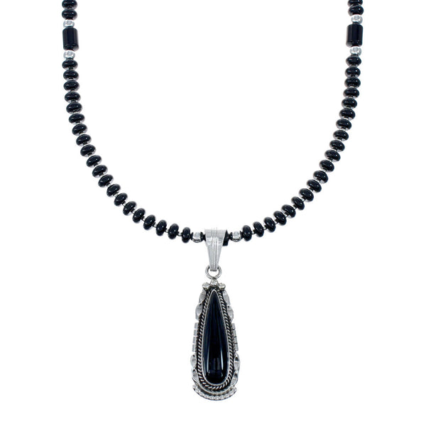 Navajo Onyx Sterling Silver Bead Necklace And Pendant Set JX130634