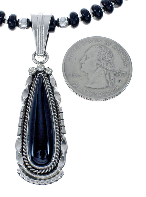 Navajo Onyx Sterling Silver Bead Necklace And Pendant Set JX130634