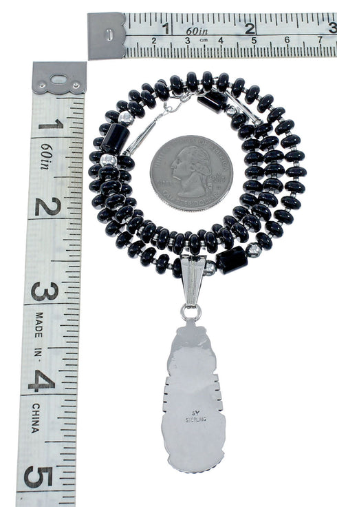 Navajo Onyx Sterling Silver Bead Necklace And Pendant Set JX130634