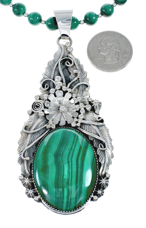 Native American Malachite And Sterling Silver Pendant Bead Necklace JX130632
