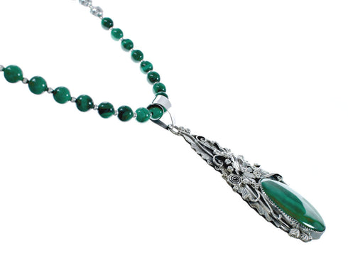 Native American Malachite And Sterling Silver Pendant Bead Necklace JX130632