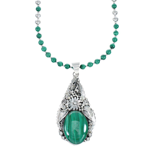 Native American Malachite And Sterling Silver Pendant Bead Necklace JX130633