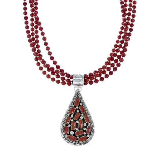 Native American 4 Strand Coral Multistone Silver Pendant Necklace Set JX130659