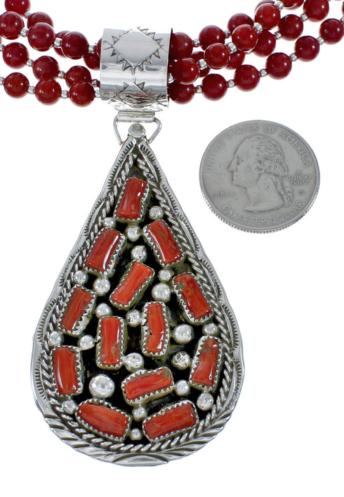 Native American 4 Strand Coral Multistone Silver Pendant Necklace Set JX130659