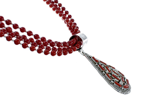 Native American 4 Strand Coral Multistone Silver Pendant Necklace Set JX130659