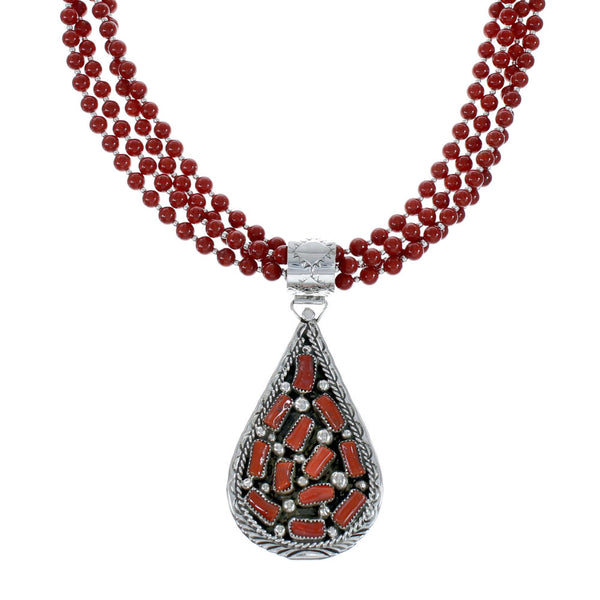 Native American 4 Strand Coral Multistone Silver Pendant Necklace Set JX130660