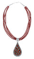 Native American 4 Strand Coral Multistone Silver Pendant Necklace Set JX130660
