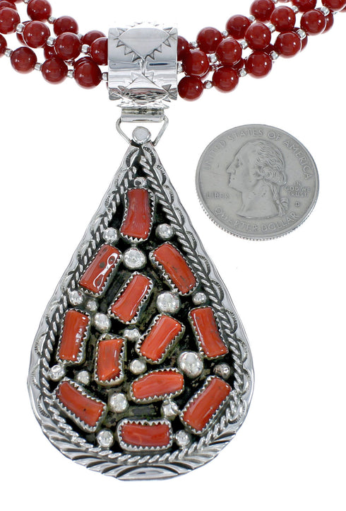 Native American 4 Strand Coral Multistone Silver Pendant Necklace Set JX130660