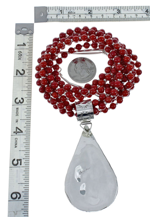 Native American 4 Strand Coral Multistone Silver Pendant Necklace Set JX130660