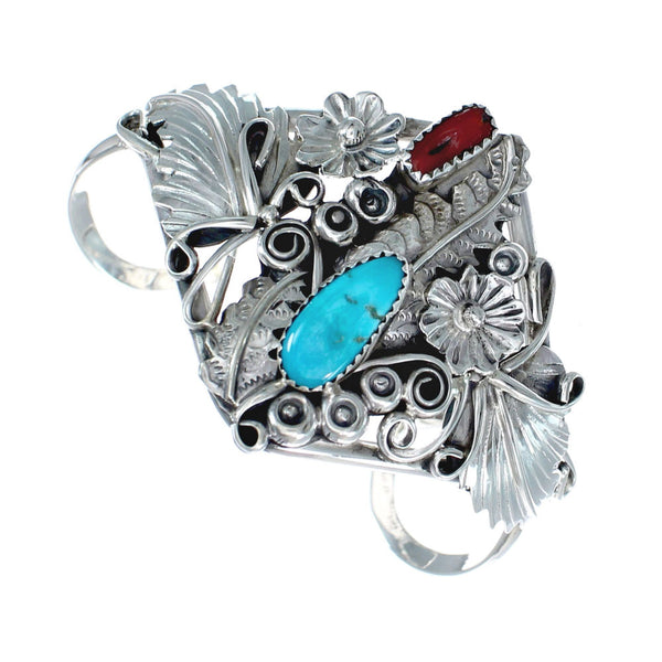 Sterling Silver Turquoise And Coral Navajo Leaf And Flower Cuff Bracelet JX130706