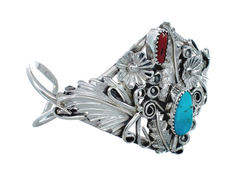 Sterling Silver Turquoise And Coral Navajo Leaf And Flower Cuff Bracelet JX130706