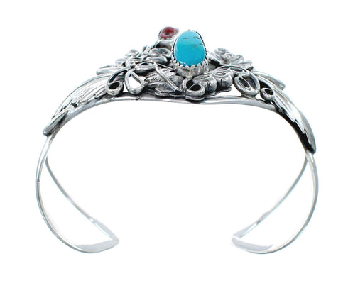 Sterling Silver Turquoise And Coral Navajo Leaf And Flower Cuff Bracelet JX130706