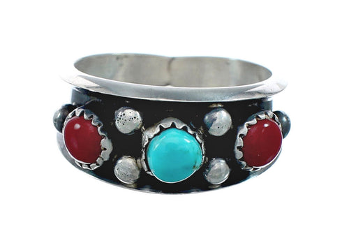 Navajo Turquoise Coral Sterling Silver Ring Size 9-3/4 JX130818