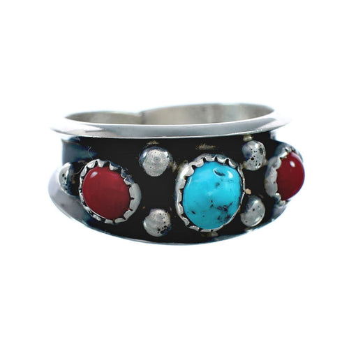 Navajo Turquoise Coral Sterling Silver Ring Size 9-3/4 JX130820