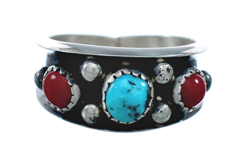 Navajo Turquoise Coral Sterling Silver Ring Size 9-3/4 JX130820