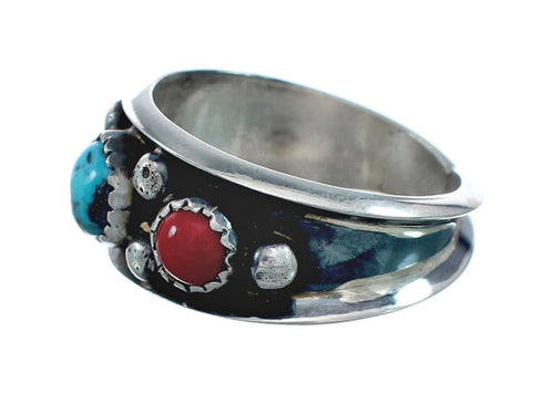Navajo Turquoise Coral Sterling Silver Ring Size 9-3/4 JX130820