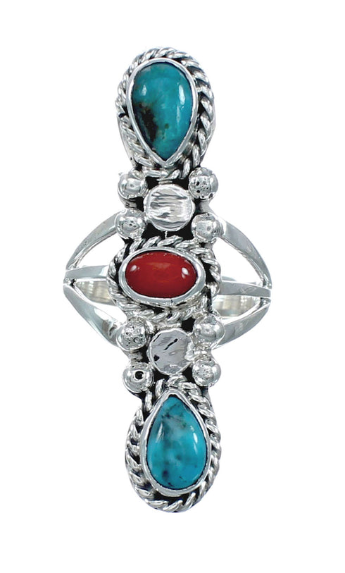 Native American Turquoise Coral Sterling Silver Ring Size 6 JX130813