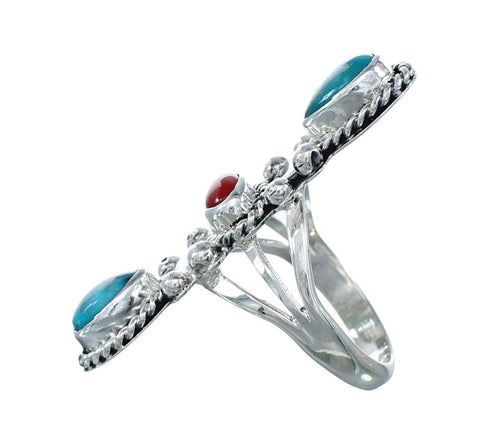 Native American Turquoise Coral Sterling Silver Ring Size 6 JX130813